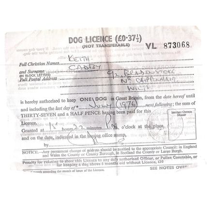 DOG LICENCE certificate BRADENSTOKE, WILTSHIRE. January 1976 Keith Cadby
