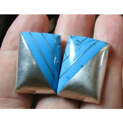 VINTAGE TURQUOISE STERLING SILVER CII MEXICO EARRINGS Square Art deco Style 17.g