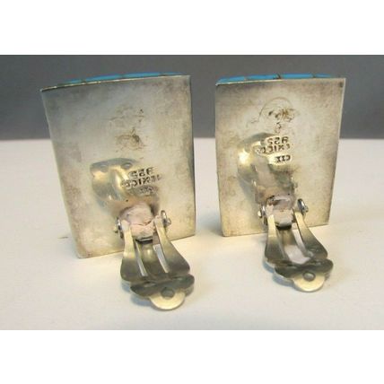 VINTAGE TURQUOISE STERLING SILVER CII MEXICO EARRINGS Square Art deco Style 17.g