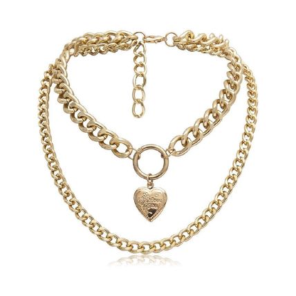 New Ladies Trendy Bib Gold Bold 2 Chain Choker with Heart Locket Necklace