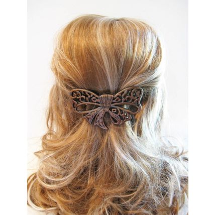 Faux wooden bow hair clamp clip barrette