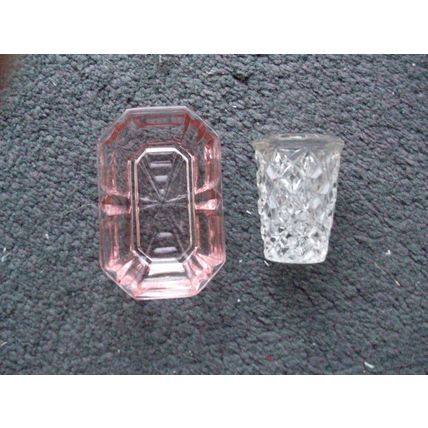 Vintage CUT/PRESSED GLASS PIN DISH & OTHER CORAL PINK & CLEAR SMALL **GC**
