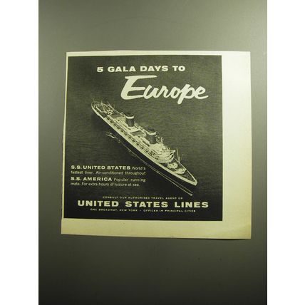1958 United States Lines Cruise Ad - 5 Gala Days to Europe