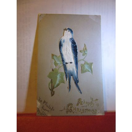 A VELVET BLUE BIRD, A HAPPY CHRISTMAS CARD, used antique postcard 1910 pm =