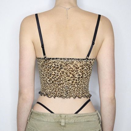 Vintage Leopard Crop Print Top Sexy Contrast Color Bow Lace Patchwork Camis Sexy