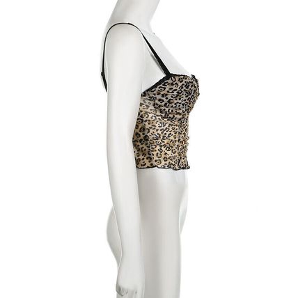 Vintage Leopard Crop Print Top Sexy Contrast Color Bow Lace Patchwork Camis Sexy