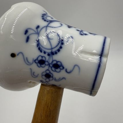 Antique Meissen Germany Blue Onion Meat Tenderizer with Wooden Handle Flaw