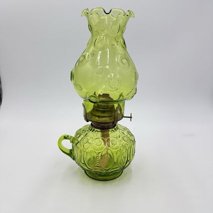 MCM LE Smith Moon & Stars Art Glass Olive Green Oil Lamp (Loose)12”