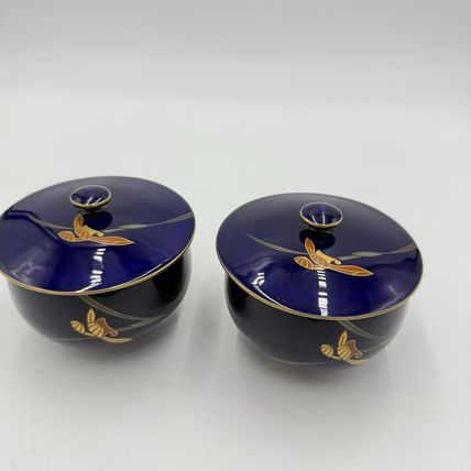 Arita Ware Retro Koransha Lapis Gold Tea Cups With Lid Blue Cobalt Porcelain
