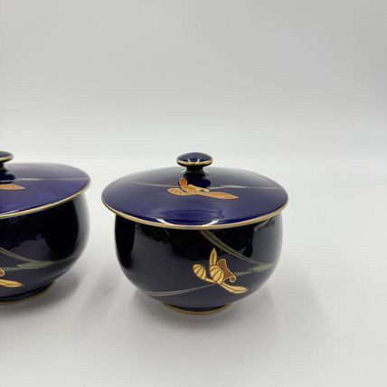 Arita Ware Retro Koransha Lapis Gold Tea Cups With Lid Blue Cobalt Porcelain