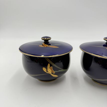 Arita Ware Retro Koransha Lapis Gold Tea Cups With Lid Blue Cobalt Porcelain