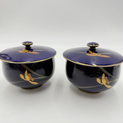Arita Ware Retro Koransha Lapis Gold Tea Cups With Lid Blue Cobalt Porcelain