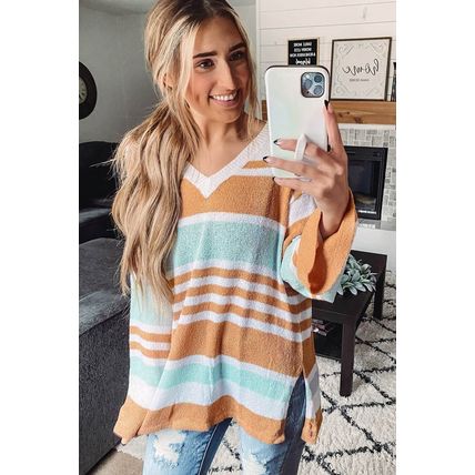 Multicolor Colorblock Stripe Long Sleeve Split Sweater