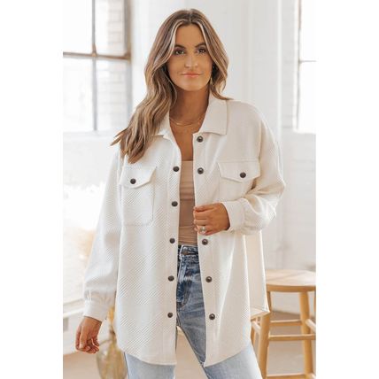 Beige Solid Textured Flap Pocket Buttoned Shacket