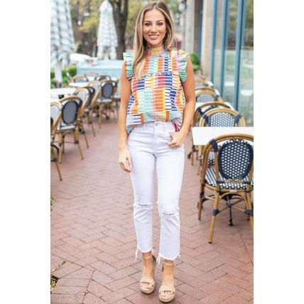 Multicolor Striped Print High Neck Flutter Top
