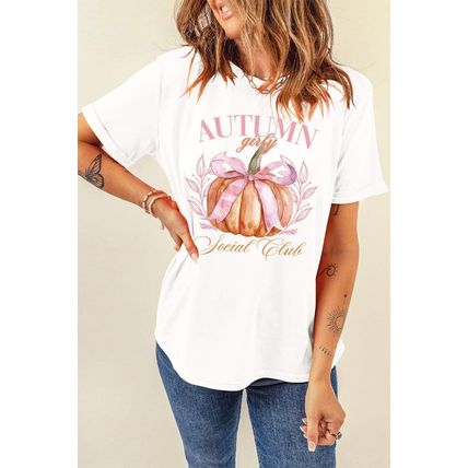 White Autumn Girly Thanksgiving Bowknot Pumpkin Graphic T Shirt