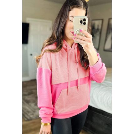 Pink Textured Color Block Kangaroo Pocket Drop Shoulder Hoodie