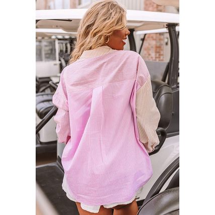 Pink Stripe Print Colorblock Plus Size Shirt