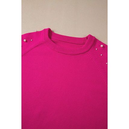 Strawberry Pink Pearled Decor Raglan Sleeve Plus Size Sweater