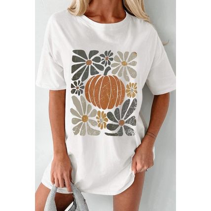 White Thanksgiving Pumpkin Print Loose Crewneck Tunic T Shirt