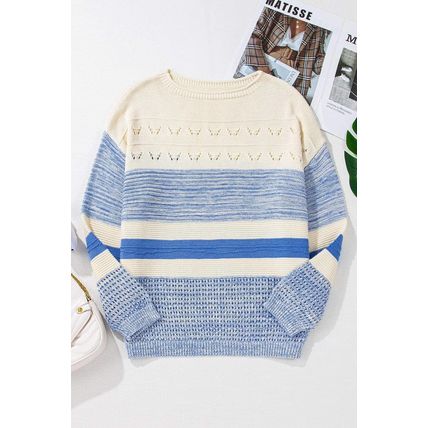 Light Blue Open Stitch Puff Sleeve Sweater