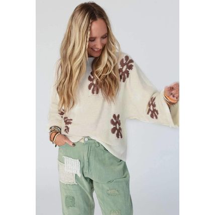 White Colorblock Floral Pattern Round Neck Sweater