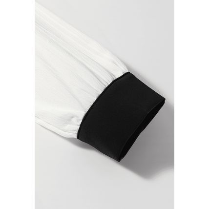 White Textured Colorblock V Neck Elegant Blouse