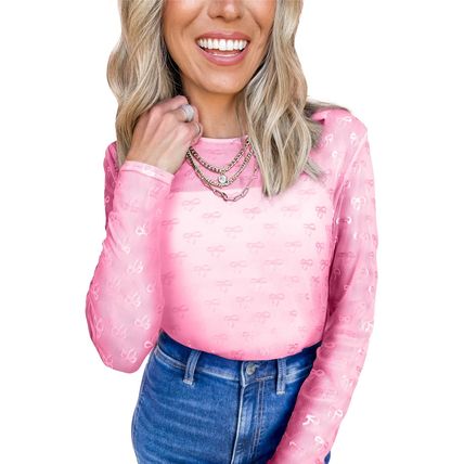 Pink Mesh Bow Pattern Long Sleeve Top