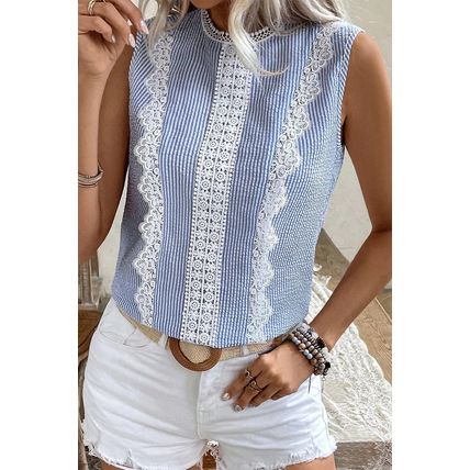 Sky Blue Stripe Lace Patchwork Crew Neck Tank Top