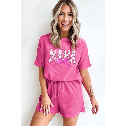 Rose Red Waffle Sequin Floral MAMA Bow Graphic Tee Shorts Set