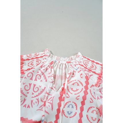 Desert Flower Vintage Print Smocked Poet Collar Billowy Blouson Sleeves Blouse