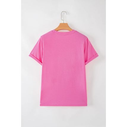 Sachet Pink Bright Casual Plain Crew Neck Tee