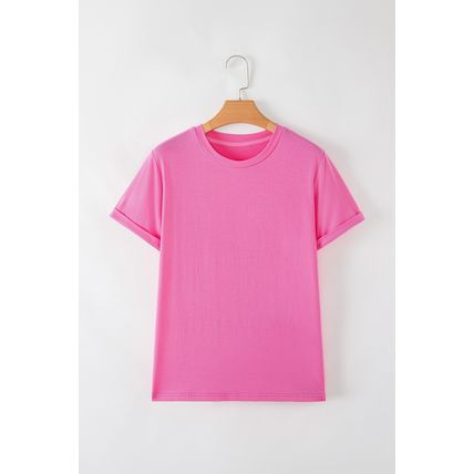 Sachet Pink Bright Casual Plain Crew Neck Tee