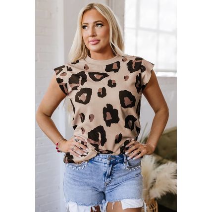 Khaki Leopard Crew Neck Cap Sleeve Casual Tee