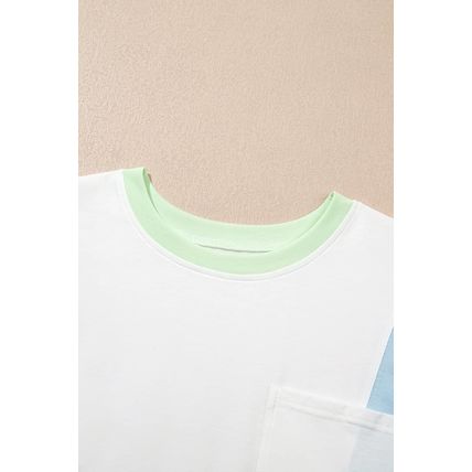 White Color Block Patchwork Half Sleeve Oversized T Shirt