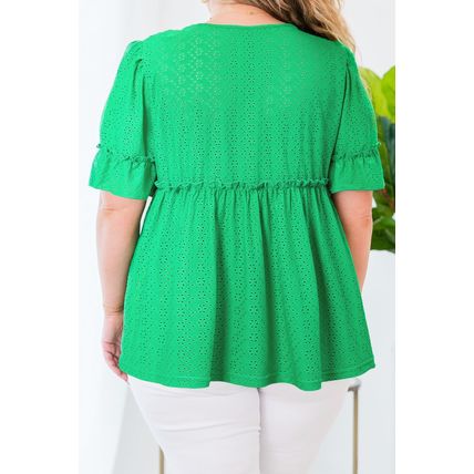 Green Textured Frilled Short Sleeve Plus Size Babydoll Blouse