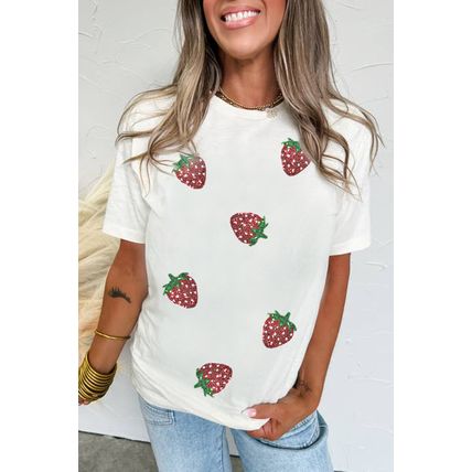 White Sequin Strawberry Patched Crew Neck T Shirt