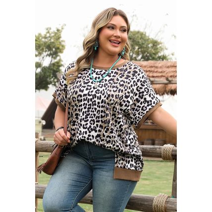 Khaki Leopard Contrast Trim Short Sleeve Loose Plus Size Top