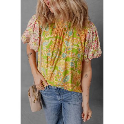 Multicolour Printed Contrast Bubble Sleeve Patchwork Blouse