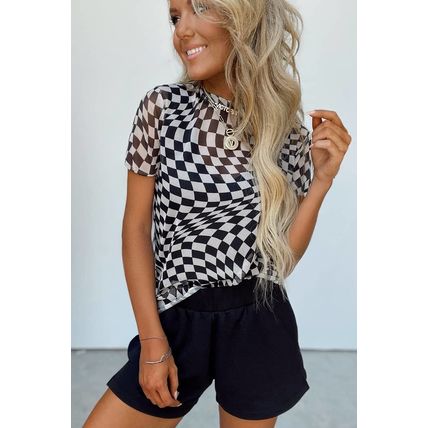 Black Checker Mesh Crew Neck T Shirt