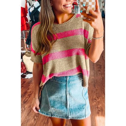 Pink Stripe Colorblock Short Sleeve Crew Neck Lightweight Sweater