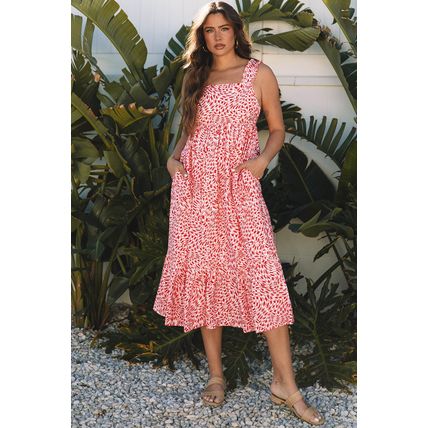 Pink Geometric Print Knot Back Sleeveless Ruffle Hem Dress
