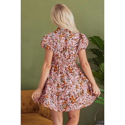 Pink Floral Print Puff Sleeve Shirred High Waist Mini Dress