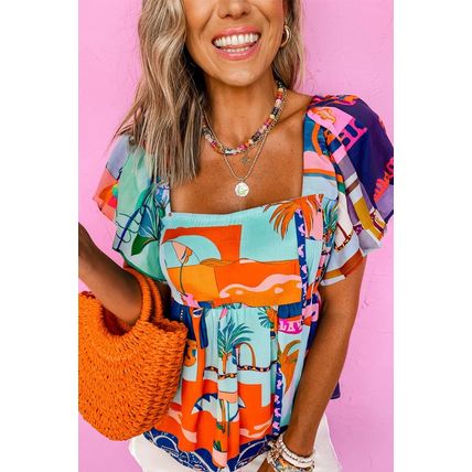 Sky Blue Tropical Printed Square Neck Flutter Sleeve Babydoll Blouse