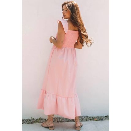 Pink V Neck Flutter Sleeve Smocked Bodice High Waist Ruffle Maxi Dress