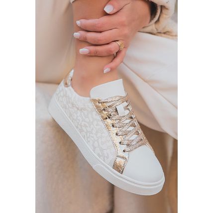 White Leopard Print Glitter Patched PU Leather Lace-up Shoes