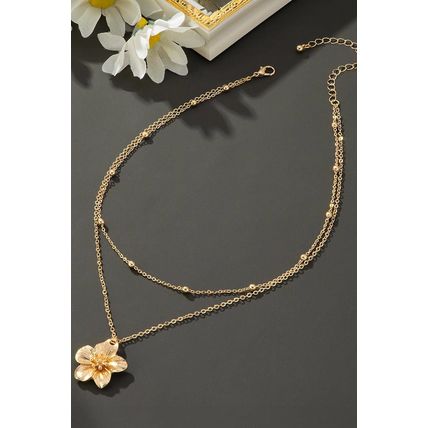 Gold Flower Pendant Beaded Double Chain Plated Necklace