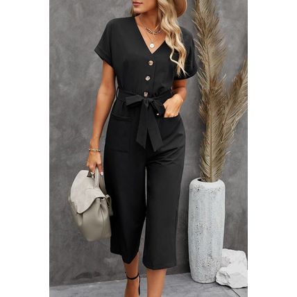 Black Dolman Button Belted V Neck Wide Leg Pocketed Jumpsuit