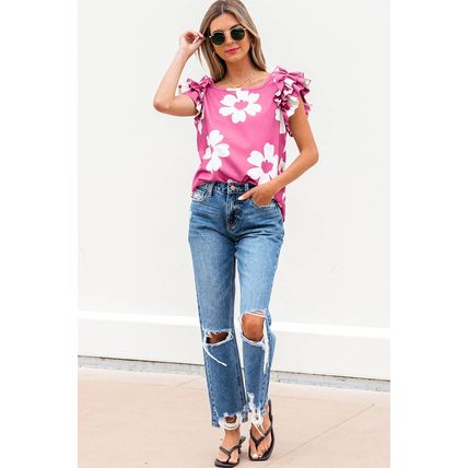 Pink Floral Textured Ruffled Short Sleeve Square Neck Blouse