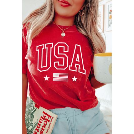 Red USA American Flag Print Crewneck T Shirt